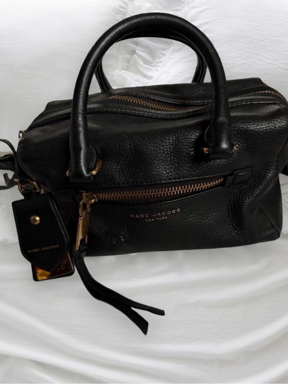 Marc Jacobs Black Leather Dome-Top Satchel with Gold Hardware